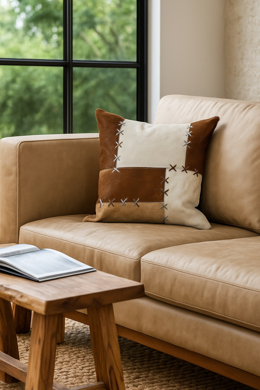 Rustic Luxe Cowhide Cushion Cover - Handmade Patchwork Leather 45x45cm
