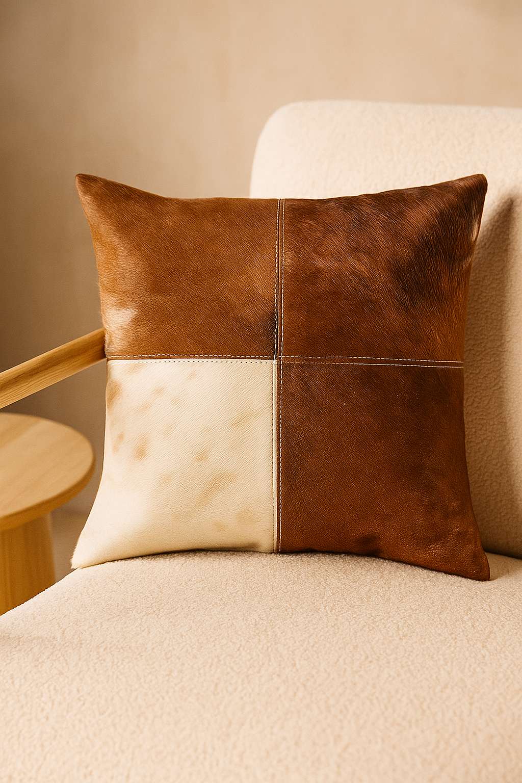 Natural Patchwork Cowhide Cushion Cover - Rustic Leather Pillow 45x45cm