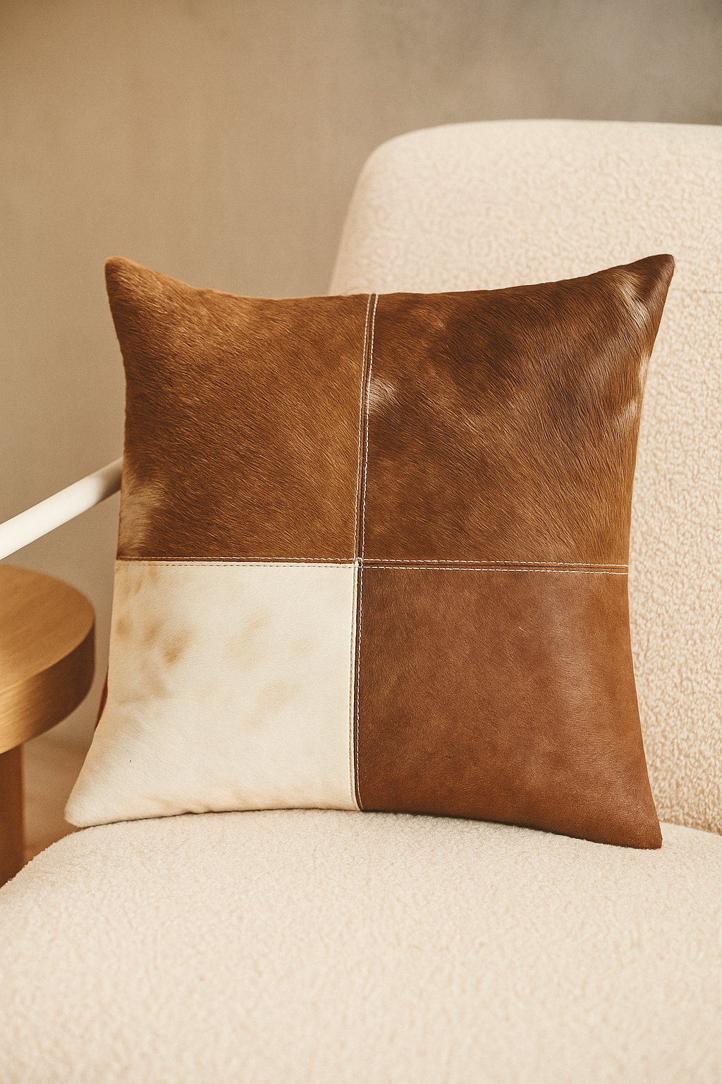Natural Patchwork Cowhide Cushion Cover - Rustic Leather Pillow 45x45cm