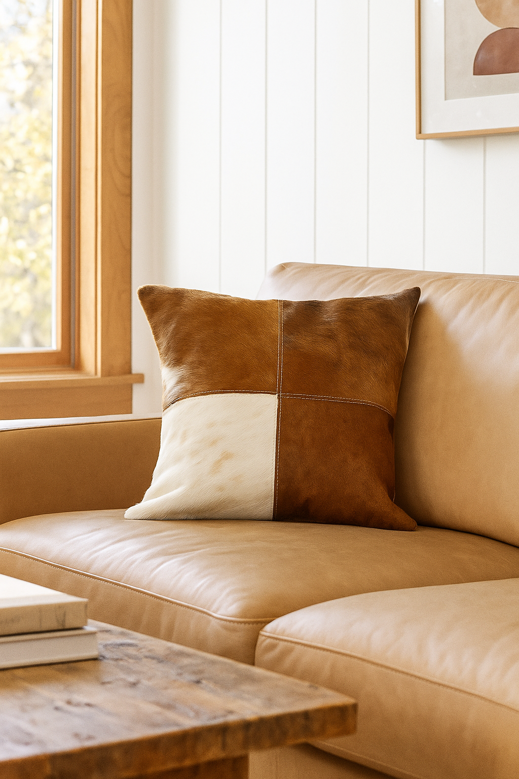 Natural Patchwork Cowhide Cushion Cover - Rustic Leather Pillow 45x45cm