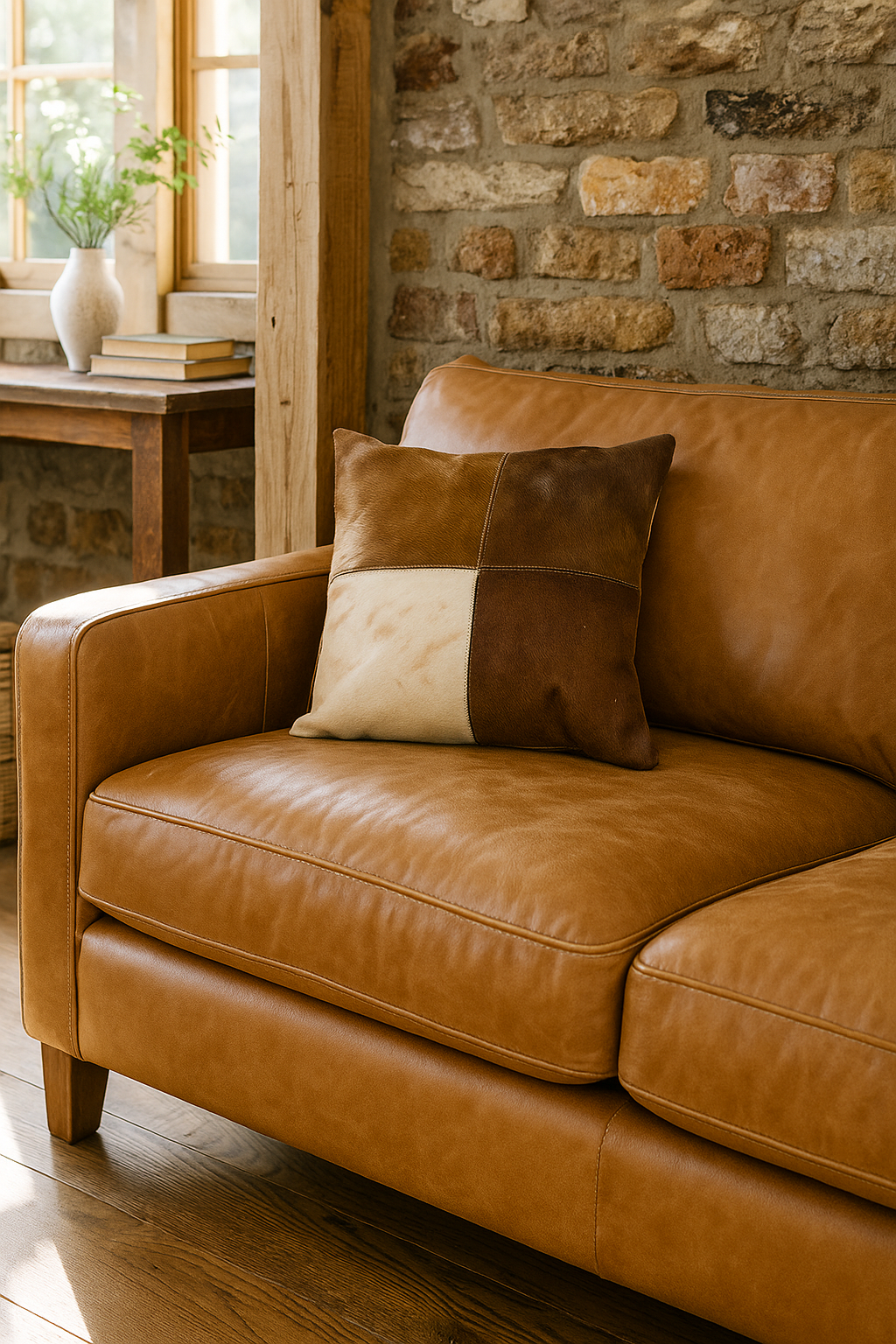 Natural Patchwork Cowhide Cushion Cover - Rustic Leather Pillow 45x45cm