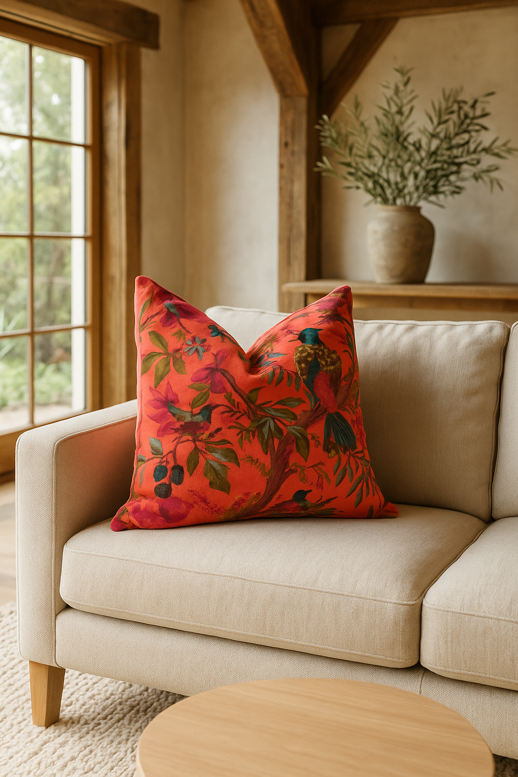 Orange Velvet Cushion with Bird & Floral Print Pillow