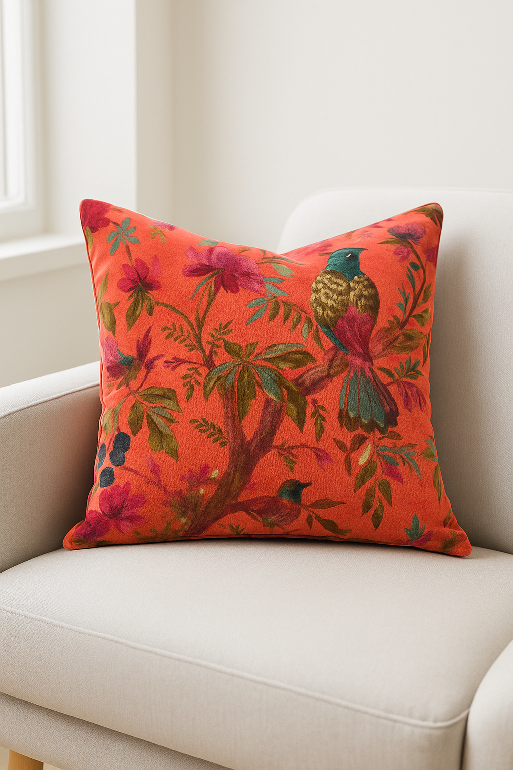 Orange Velvet Cushion with Bird & Floral Print Pillow