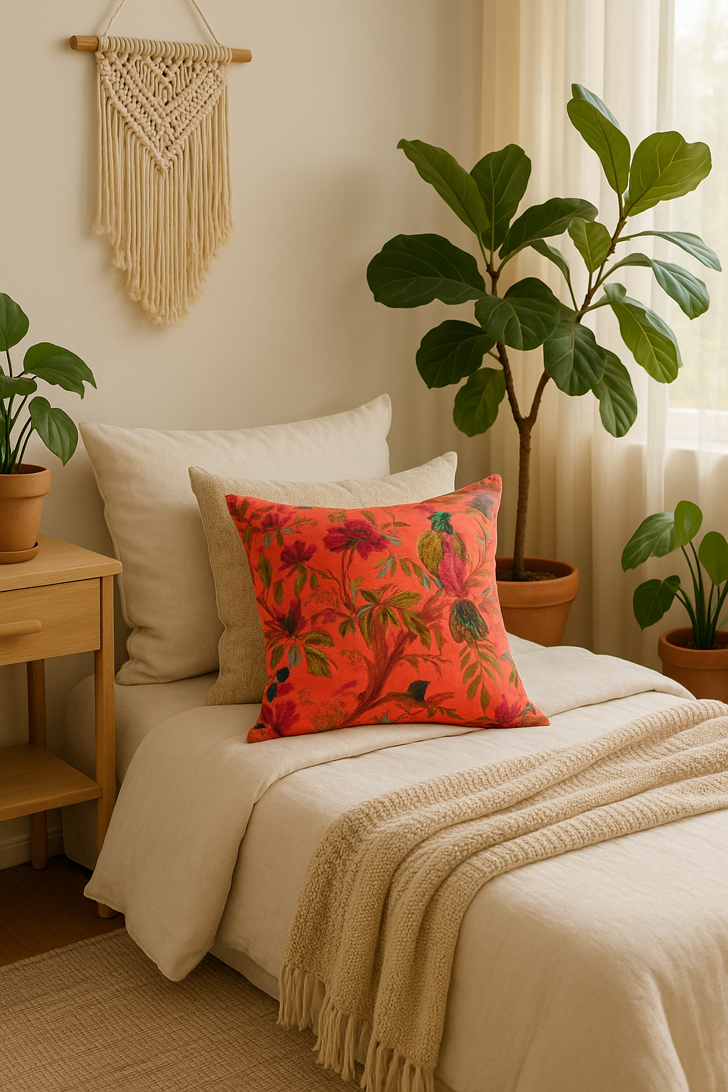 Orange Velvet Cushion with Bird & Floral Print Pillow