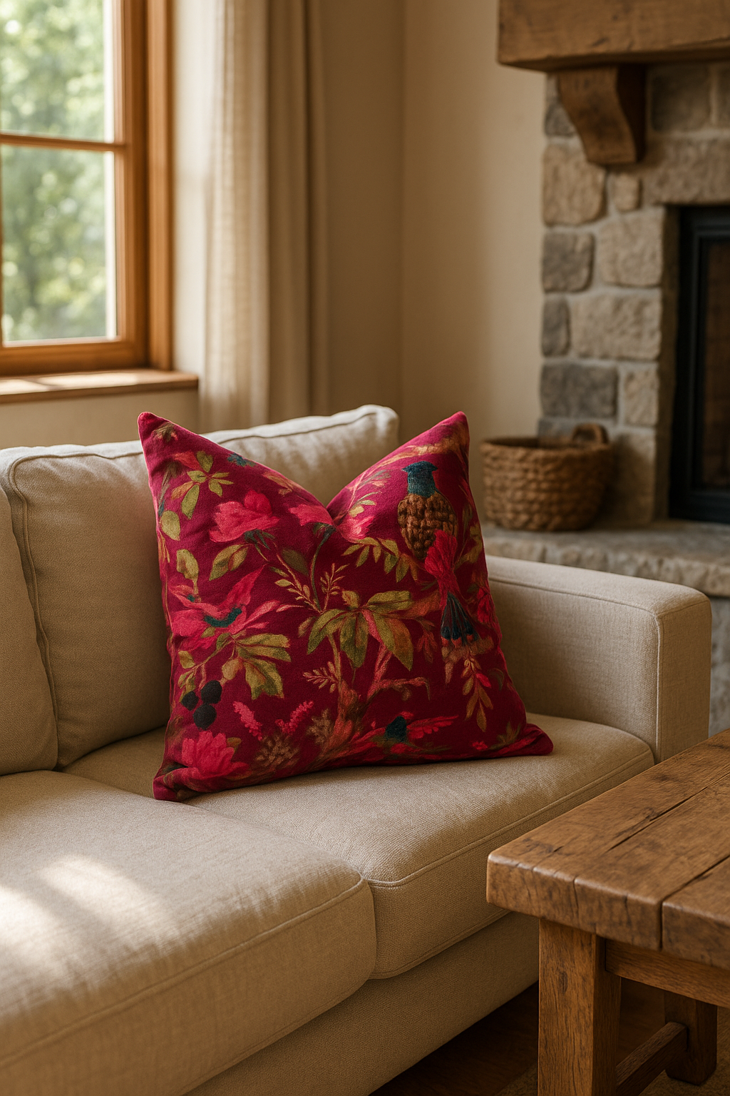 Maroon Velvet Cowhide Cushion with Bird Design