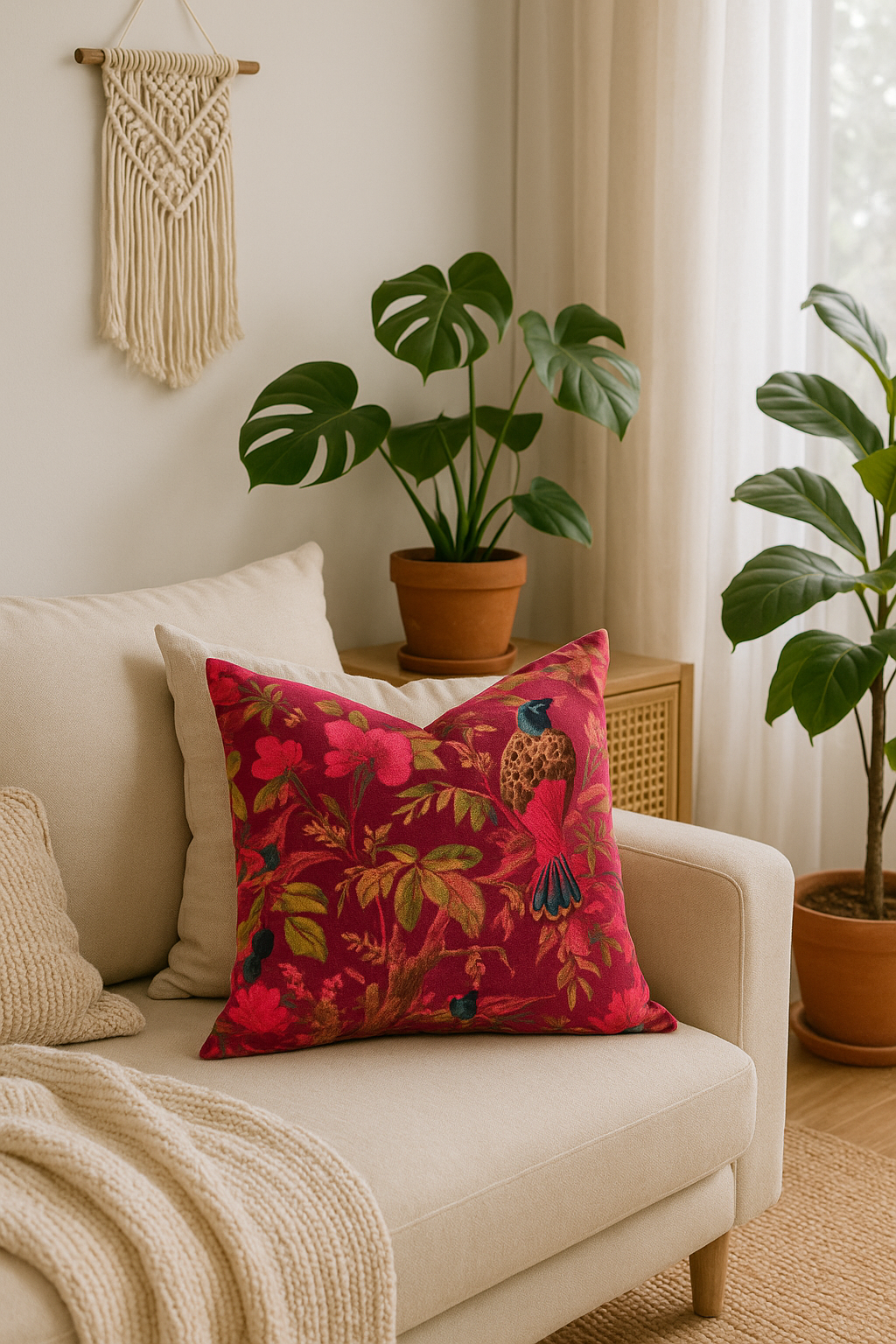 Maroon Velvet Cowhide Cushion with Bird Design