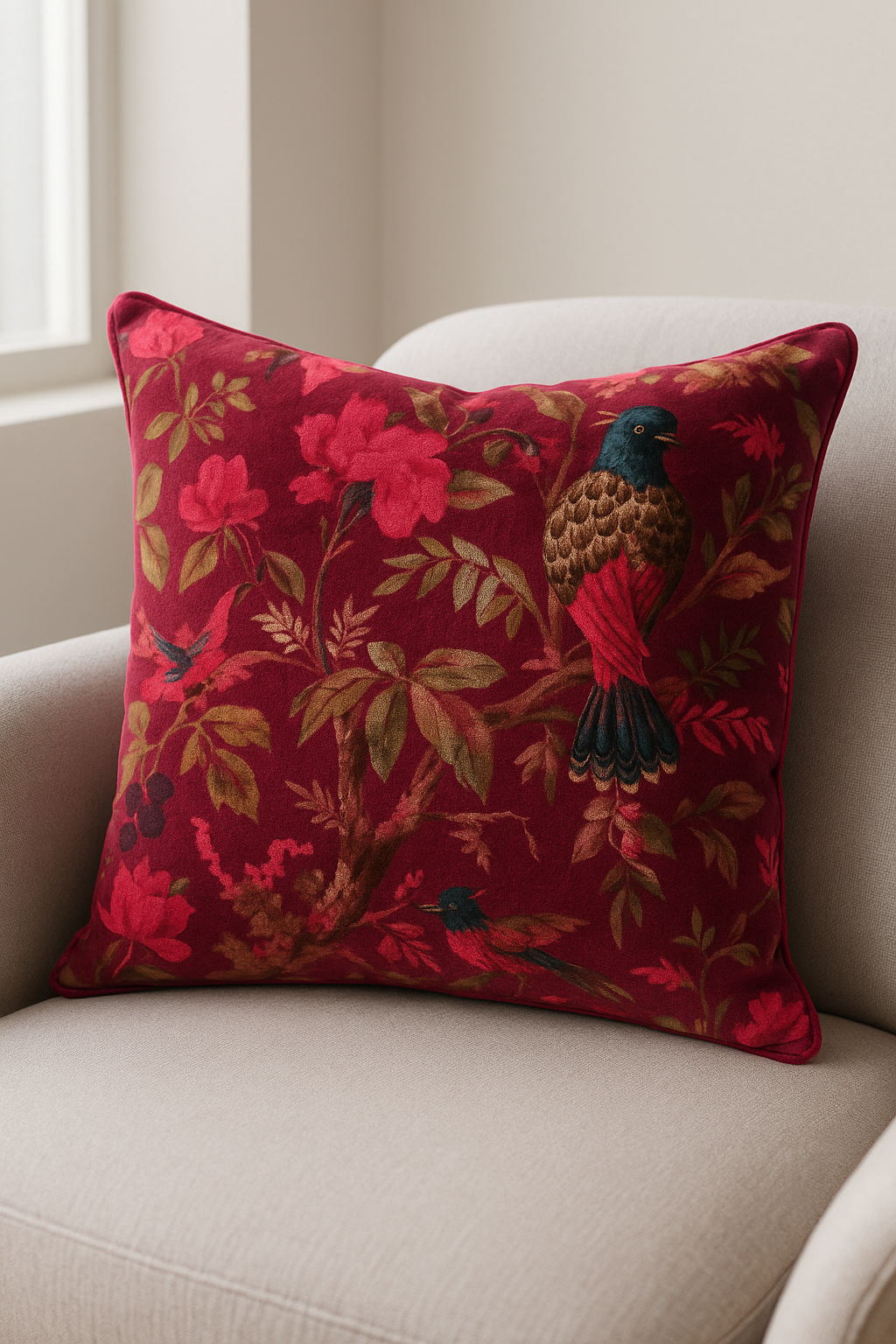 Maroon Velvet Cowhide Cushion with Bird Design