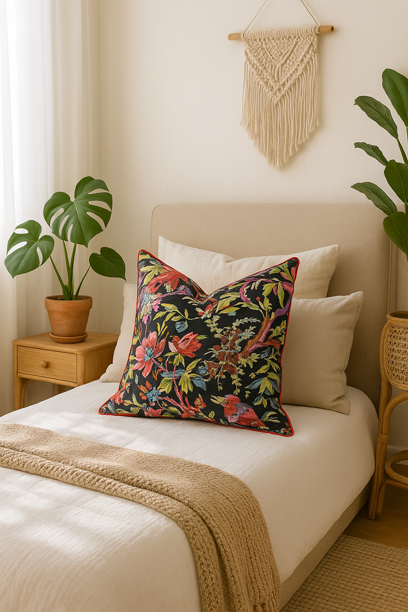 100% Cotton Cushion Cover - Black Bird