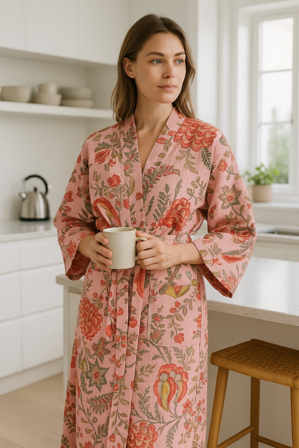 Pink Waffle Cotton Kimono Robe - Hand Block Print Floral Loungewear