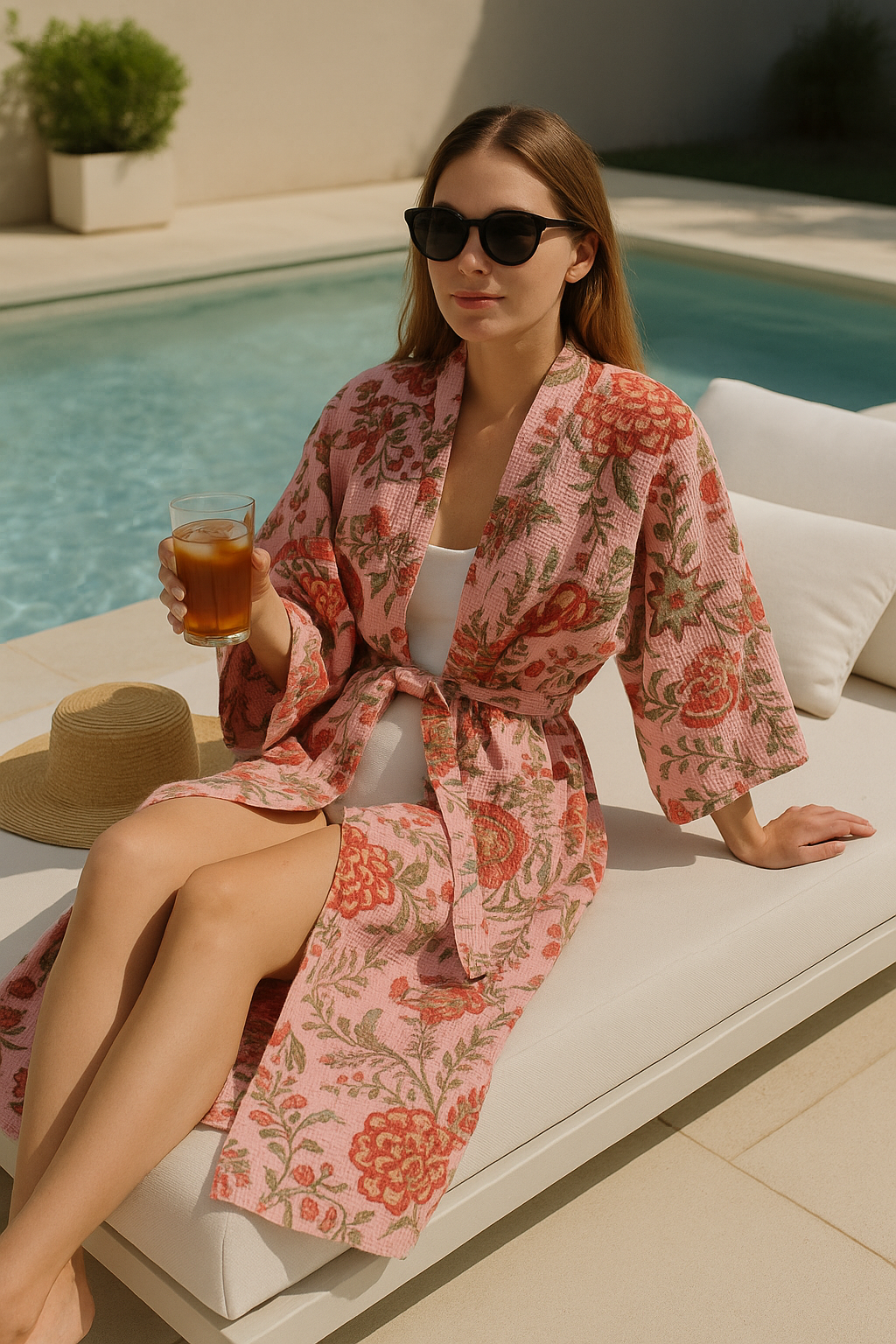 Pink Waffle Cotton Kimono Robe - Hand Block Print Floral Loungewear