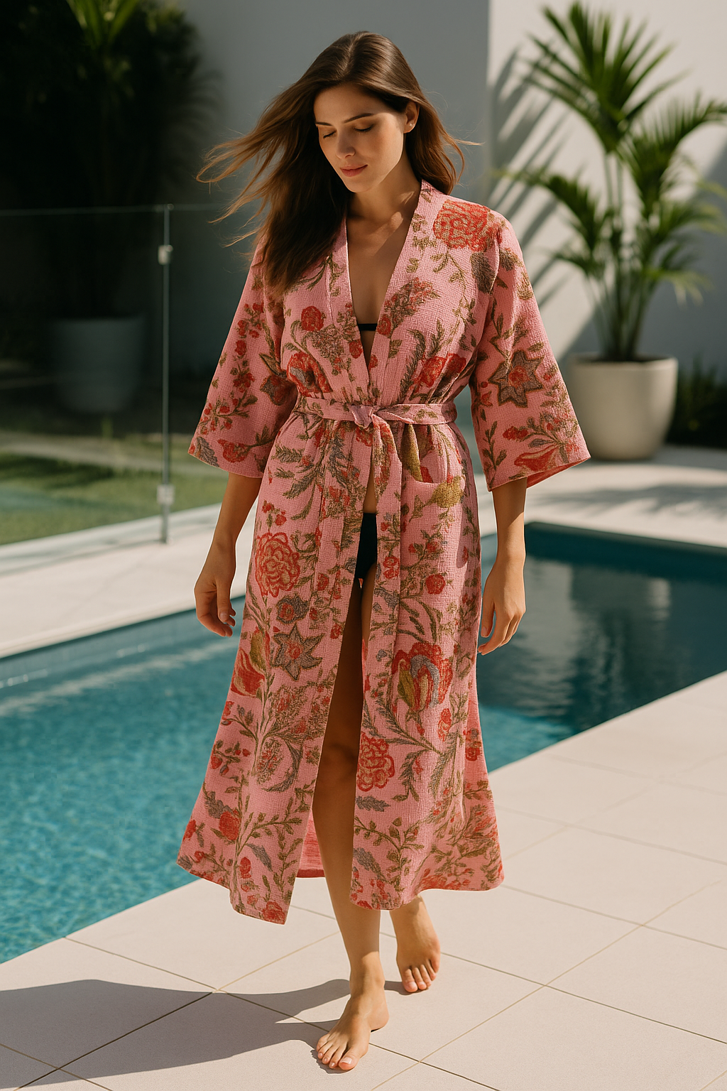 Pink Waffle Cotton Kimono Robe - Hand Block Print Floral Loungewear