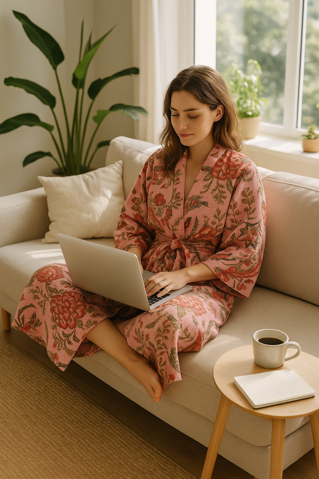 Pink Waffle Cotton Kimono Robe - Hand Block Print Floral Loungewear