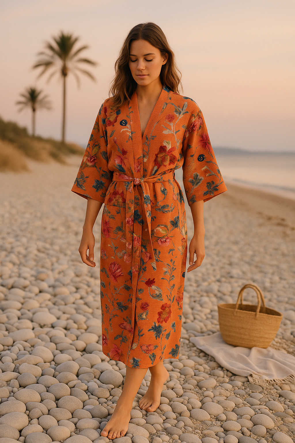 Terracotta Waffle Cotton Kimono Robe - Floral Hand Block Print