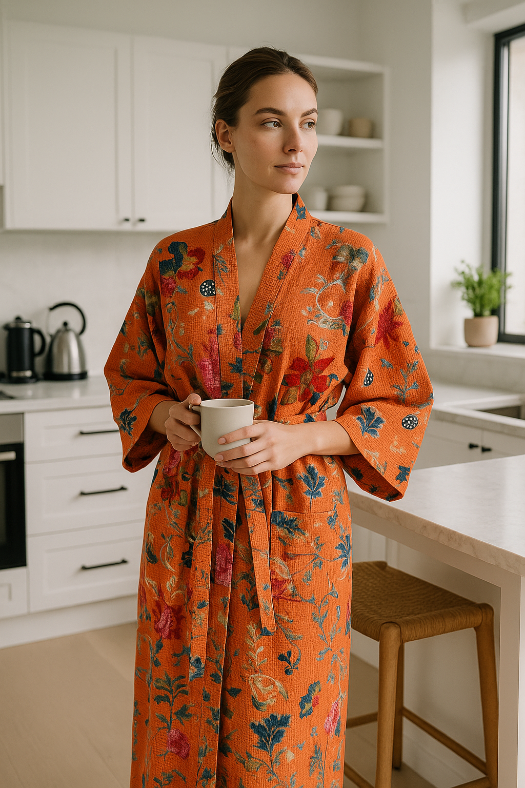 Terracotta Waffle Cotton Kimono Robe - Floral Hand Block Print