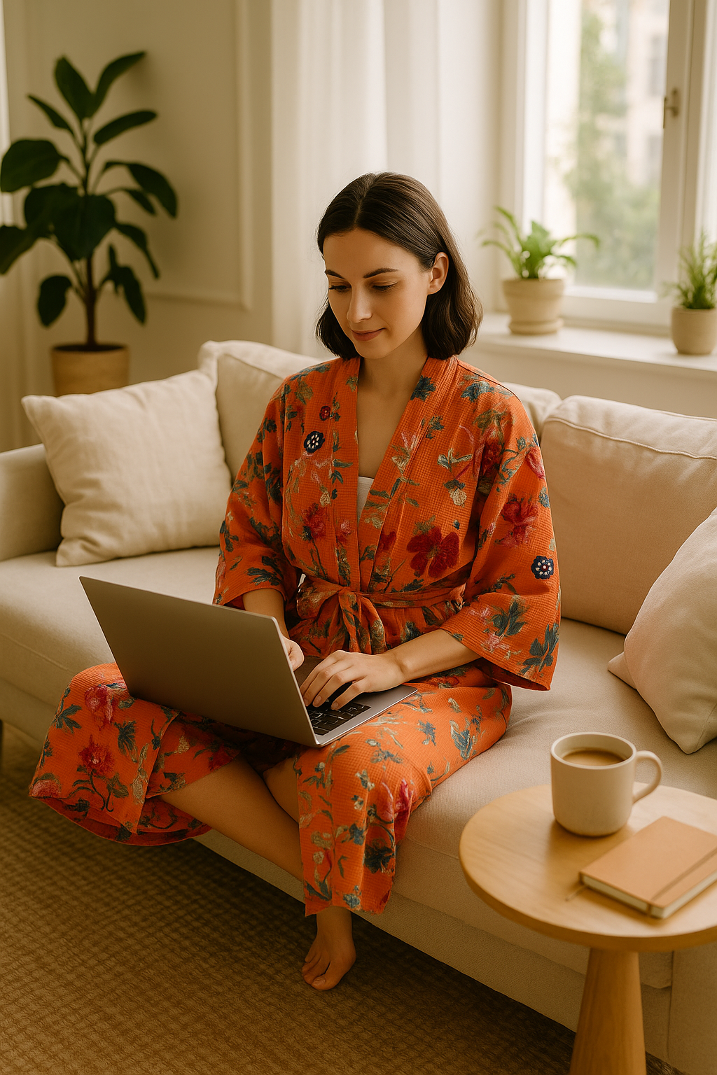 Terracotta Waffle Cotton Kimono Robe - Floral Hand Block Print