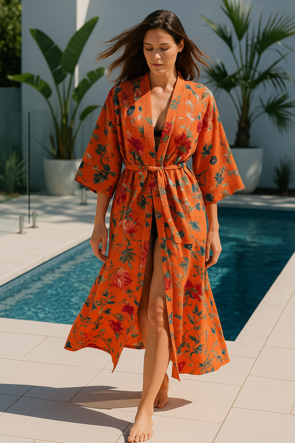 Terracotta Waffle Cotton Kimono Robe - Floral Hand Block Print
