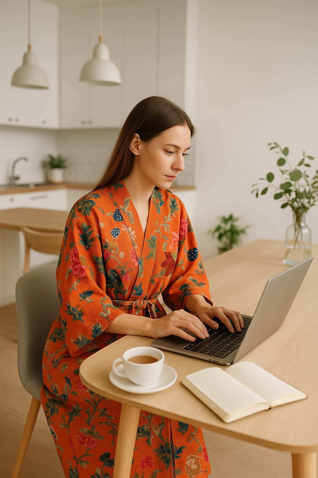 Terracotta Waffle Cotton Kimono Robe - Floral Hand Block Print
