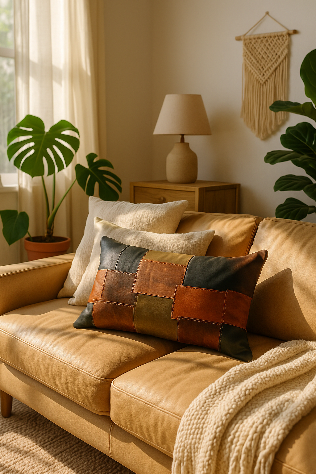 Rustic farmhouse style leather lumbar cushion - Glam Thread patchwork accent pillow
