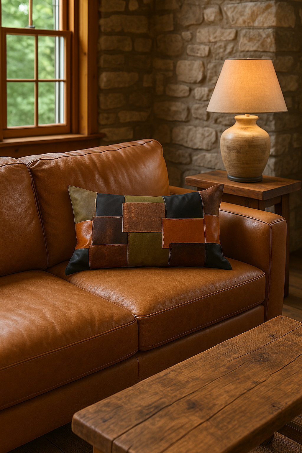 Close-up of Glam Thread patchwork leather lumbar cushion showing texture and stitching