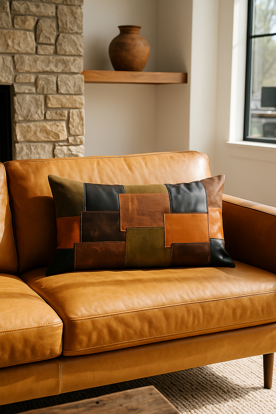 Glam Thread earth-toned patchwork leather lumbar cushion - rustic accent pillow on sofa