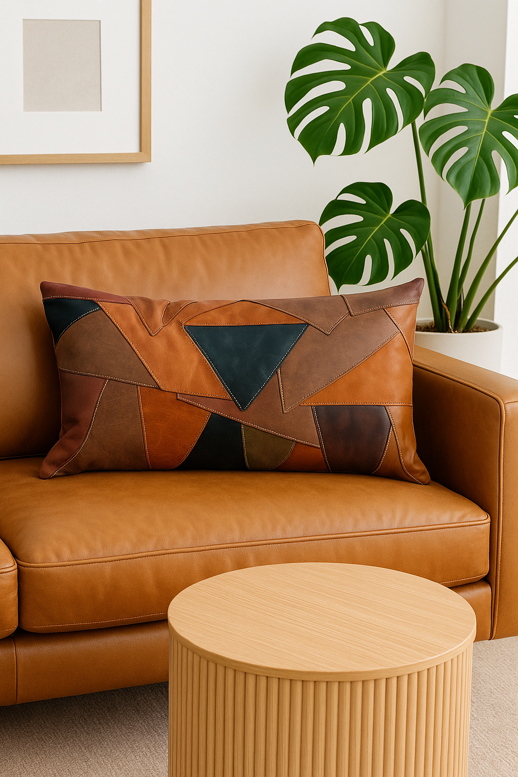 Geometric Patchwork Leather Lumbar Cushion - Rustic Modern Style