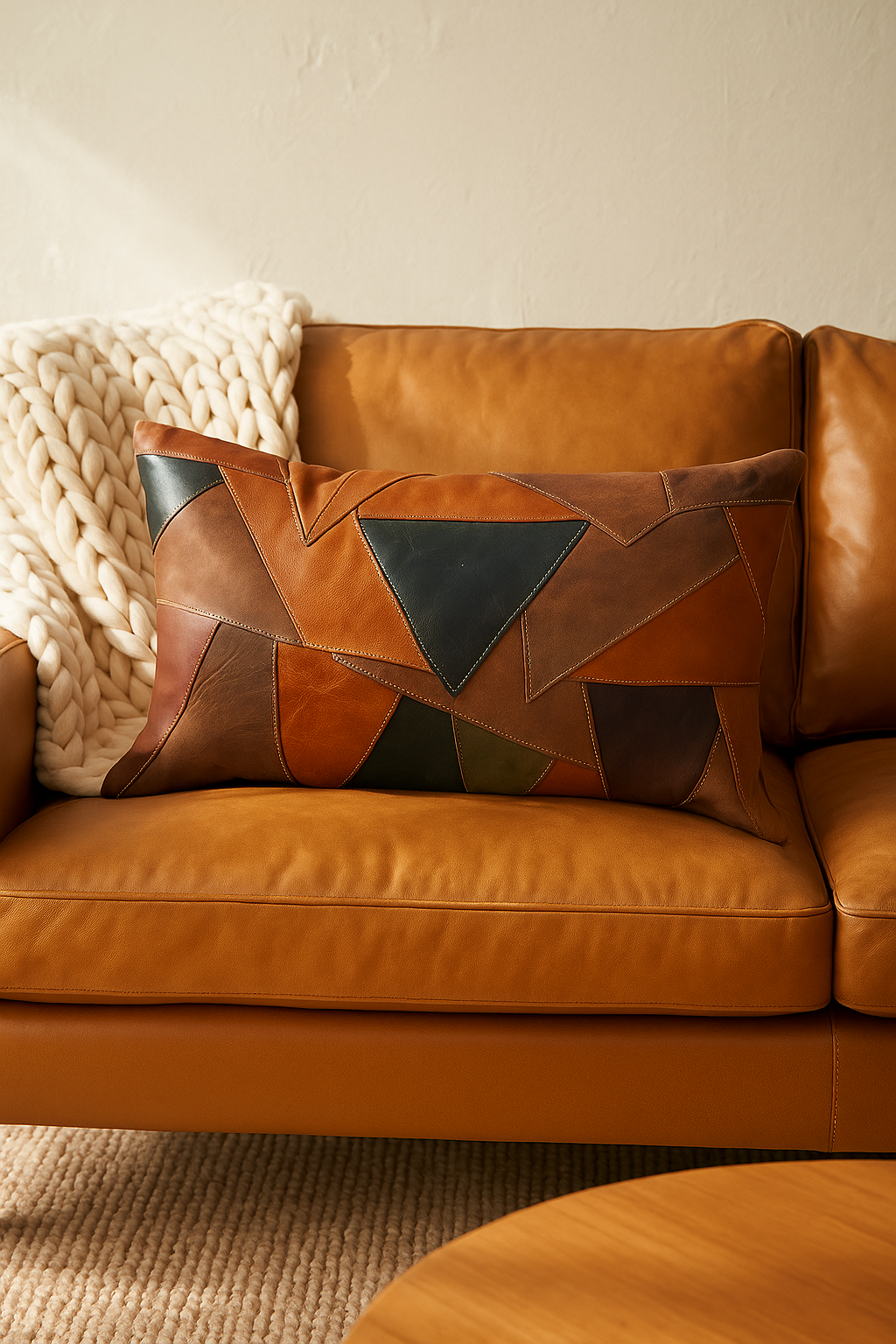 Geometric Patchwork Leather Lumbar Cushion - Rustic Modern Style