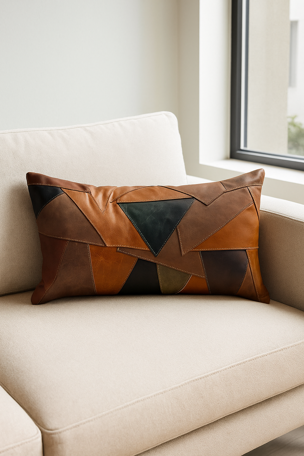 Geometric Patchwork Leather Lumbar Cushion - Rustic Modern Style