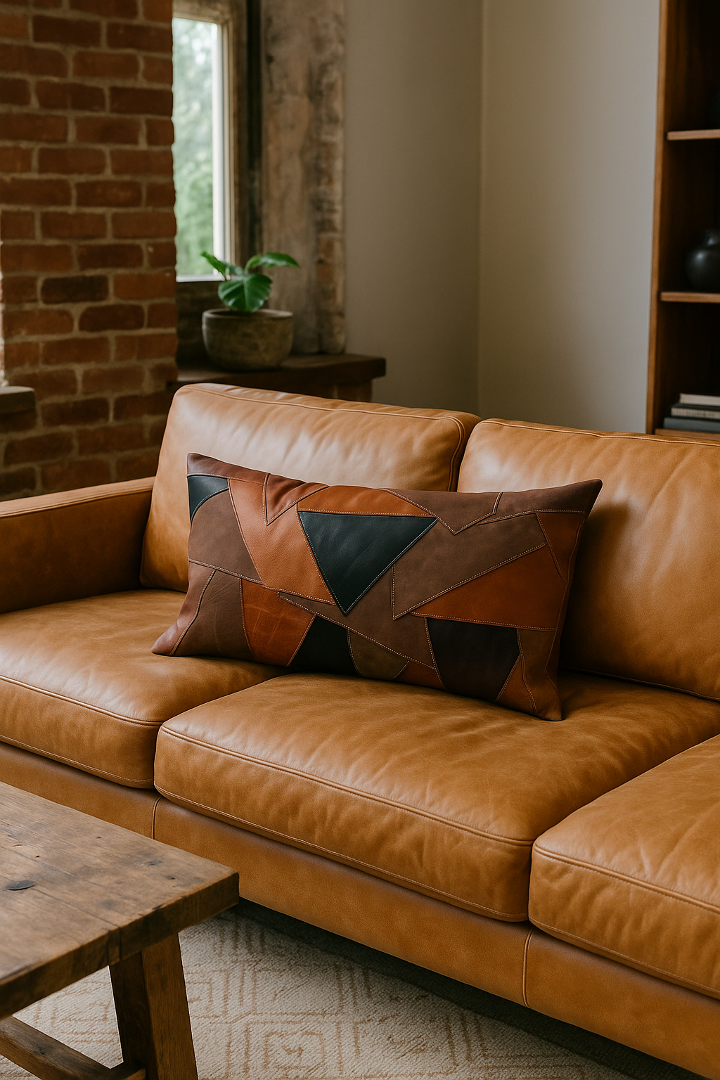 Geometric Patchwork Leather Lumbar Cushion - Rustic Modern Style
