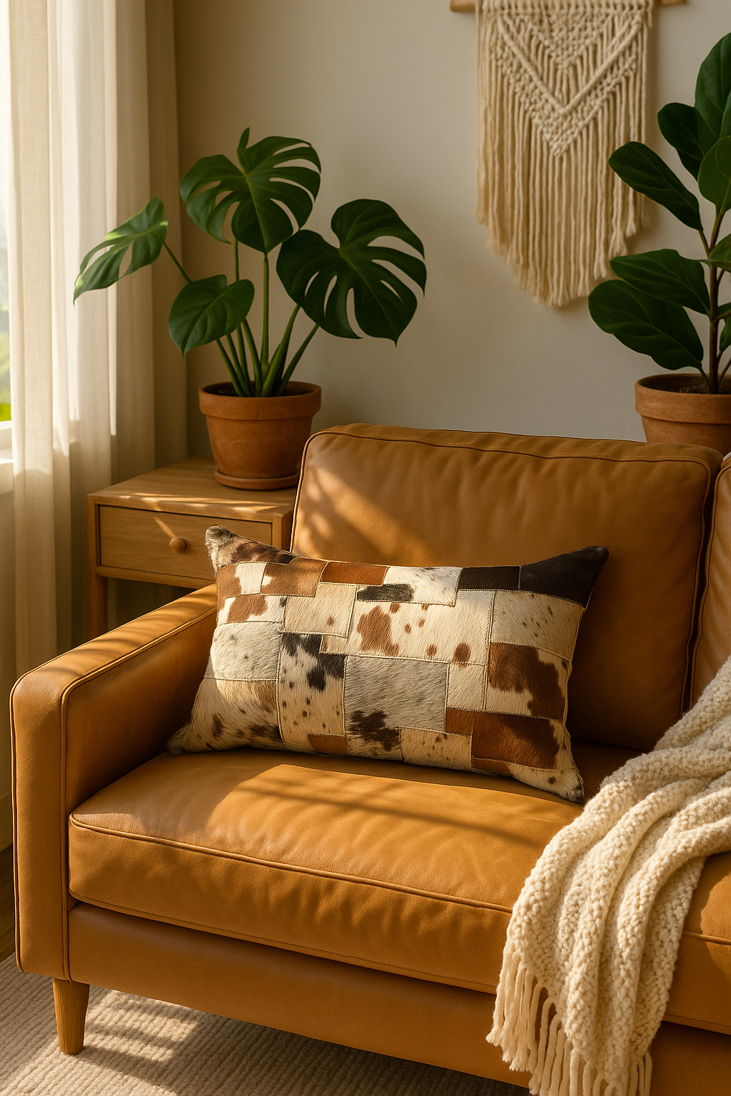 Rustic farmhouse style cowhide lumbar pillow - Glam Thread patchwork leather accent cushion