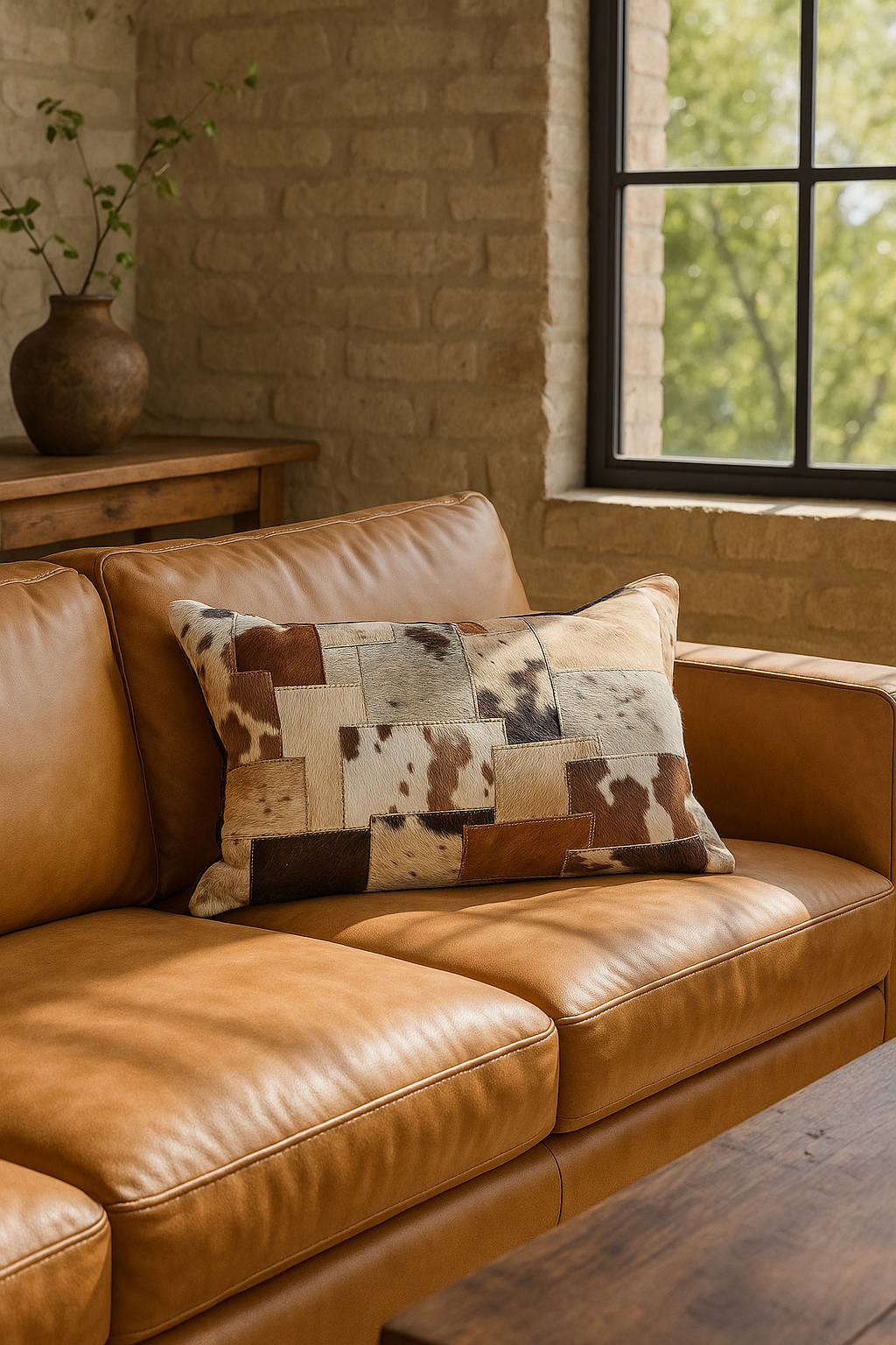 Close-up of Glam Thread Outback patchwork cowhide lumbar cushion showing texture and stitching