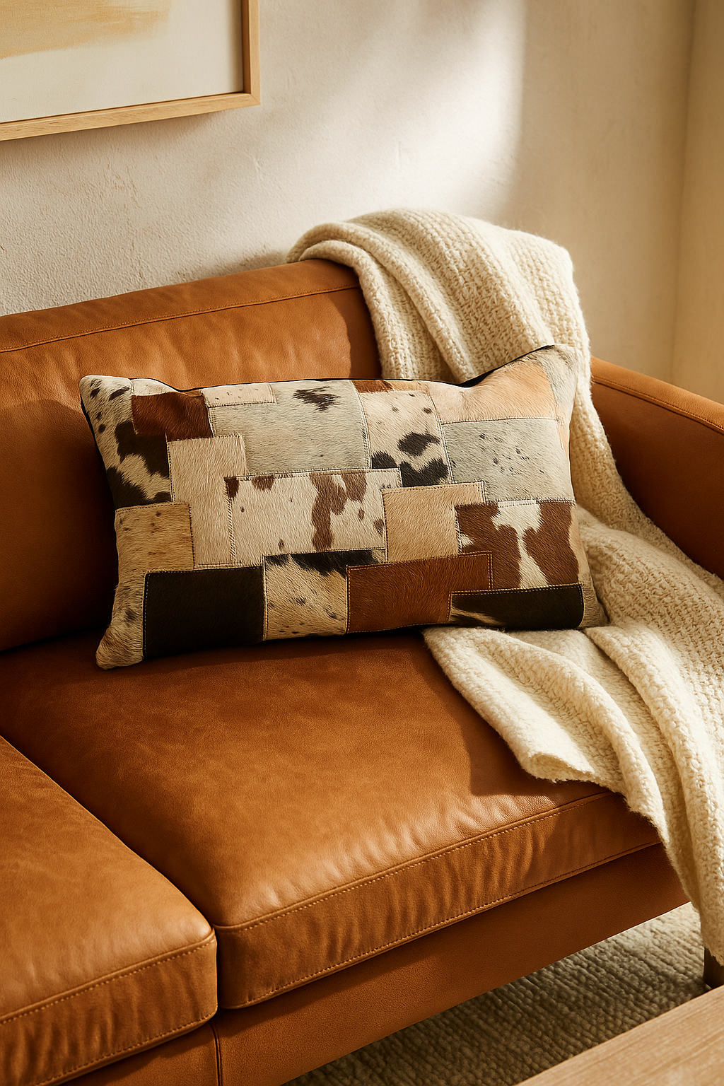 Glam Thread Outback patchwork cowhide lumbar cushion - rustic leather accent pillow on sofa