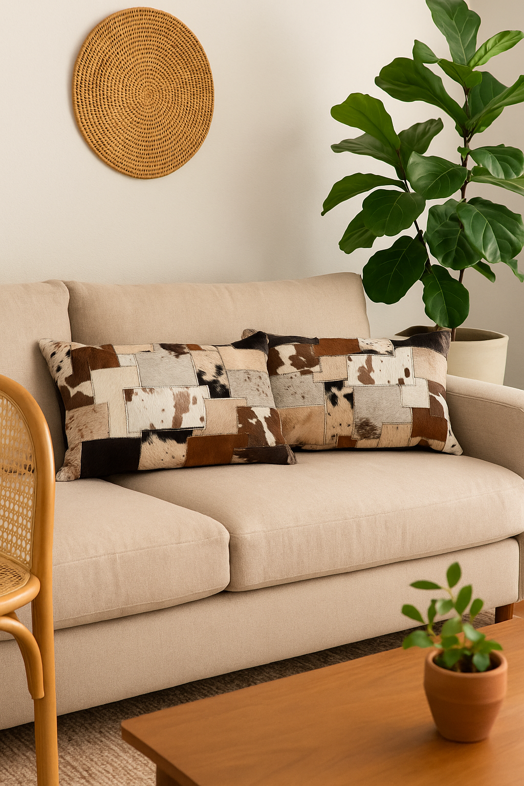 Handmade cowhide patchwork lumbar cushion - earth-tone Glam Thread rustic pillow