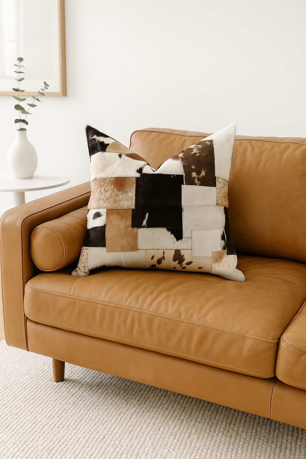 Rustic farmhouse style leather patchwork cushion - 60x60cm Glam Thread heritage pillow