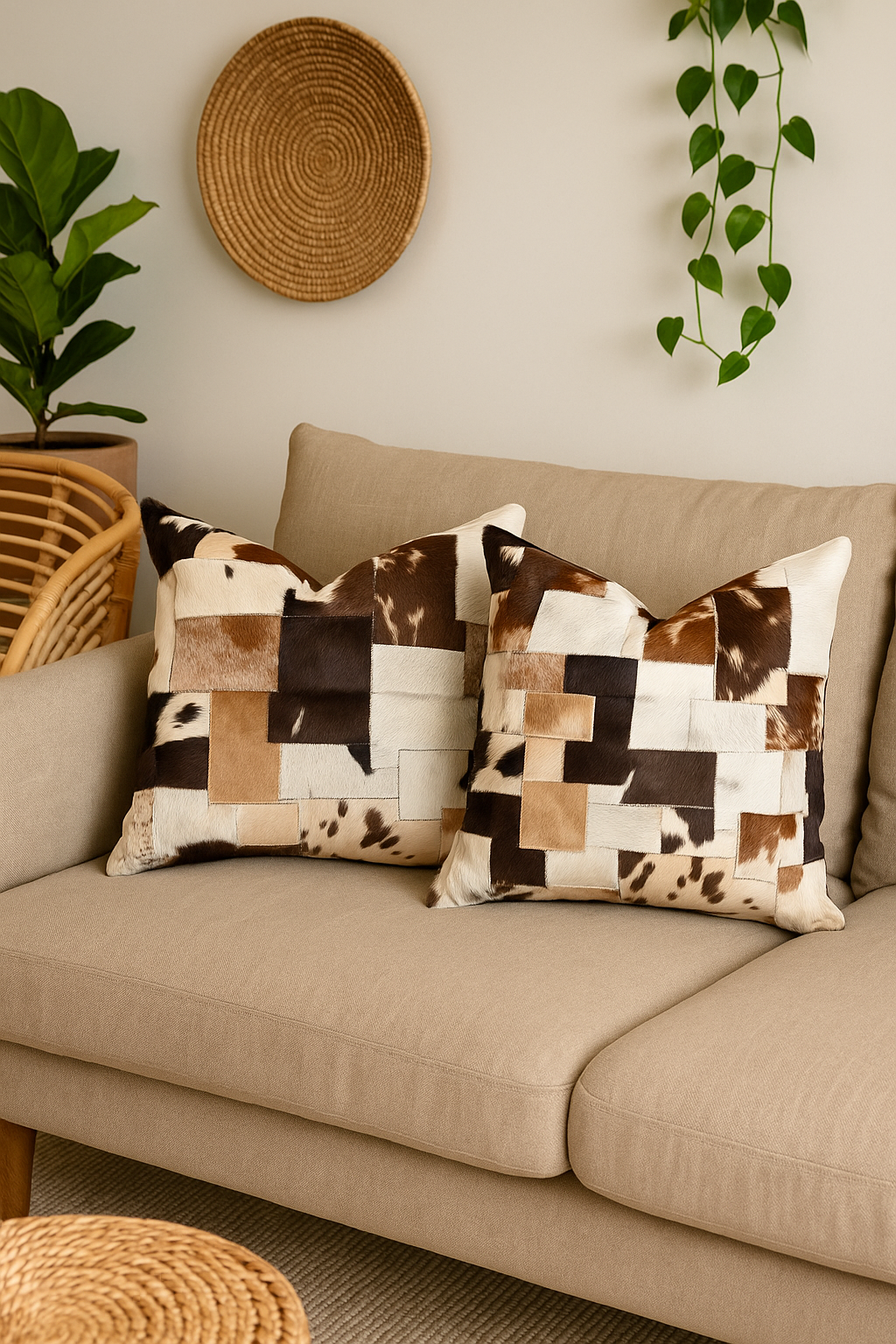 Close-up of Glam Thread Heritage cowhide patchwork cushion showing leather texture and stitching
