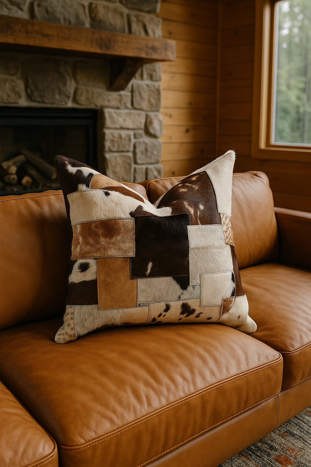 Glam Thread Heritage cowhide patchwork cushion cover - rustic leather accent pillow 60x60cm