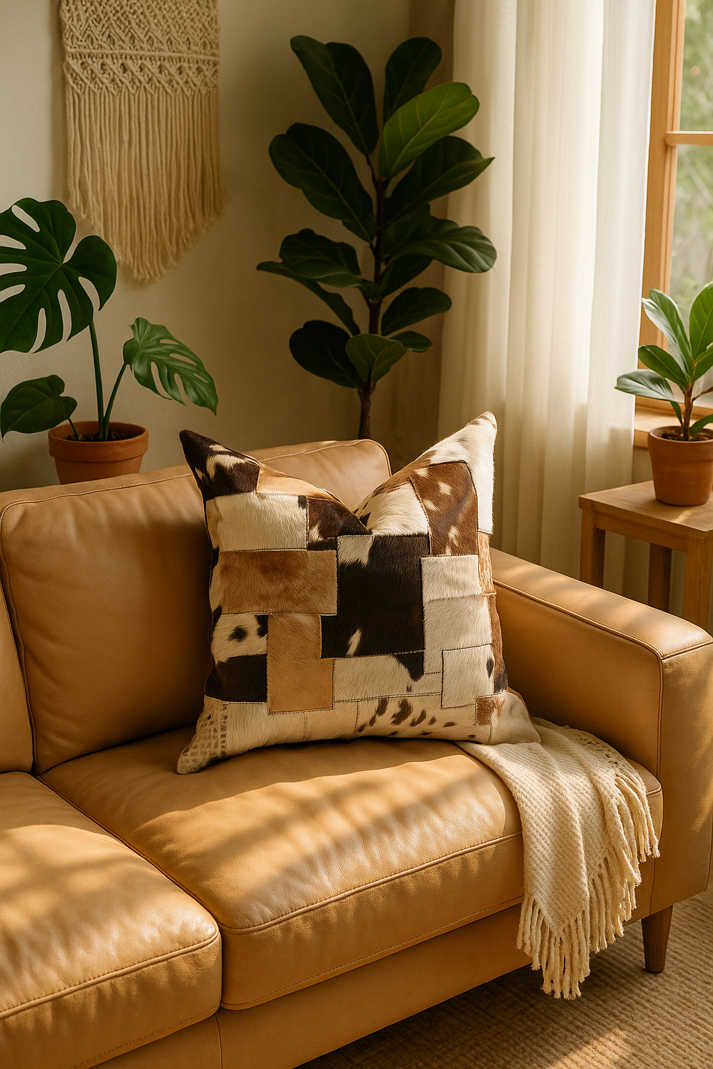 Handmade cowhide patchwork cushion - Glam Thread rustic heritage pillow for sofa or bed