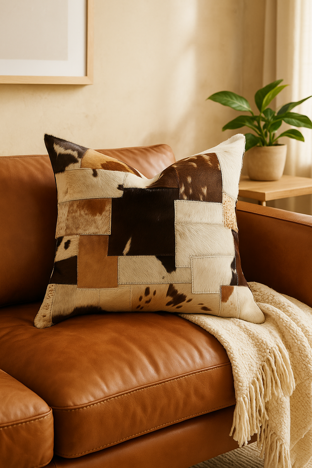 Heritage cowhide patchwork cushion styled on sofa - handmade Glam Thread rustic leather pillow