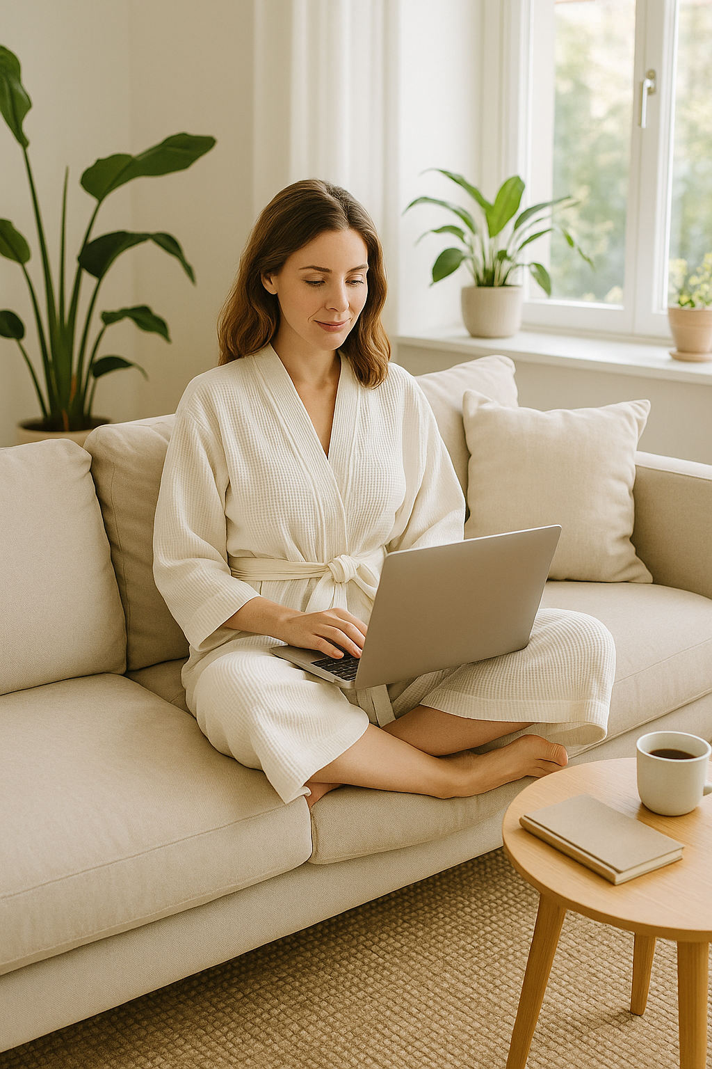 Glam Thread white kimono robe styled on a model - comfortable loungewear for home or spa.