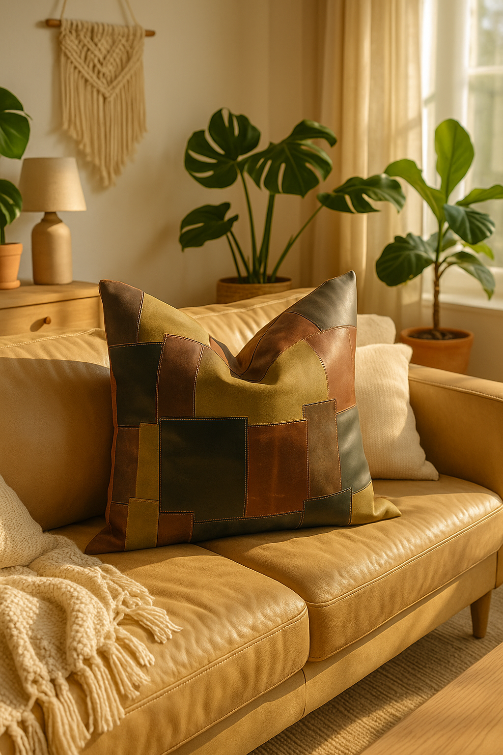 Luxury leather cushion with stitched square patchwork – 60x60 cm handmade décor accent