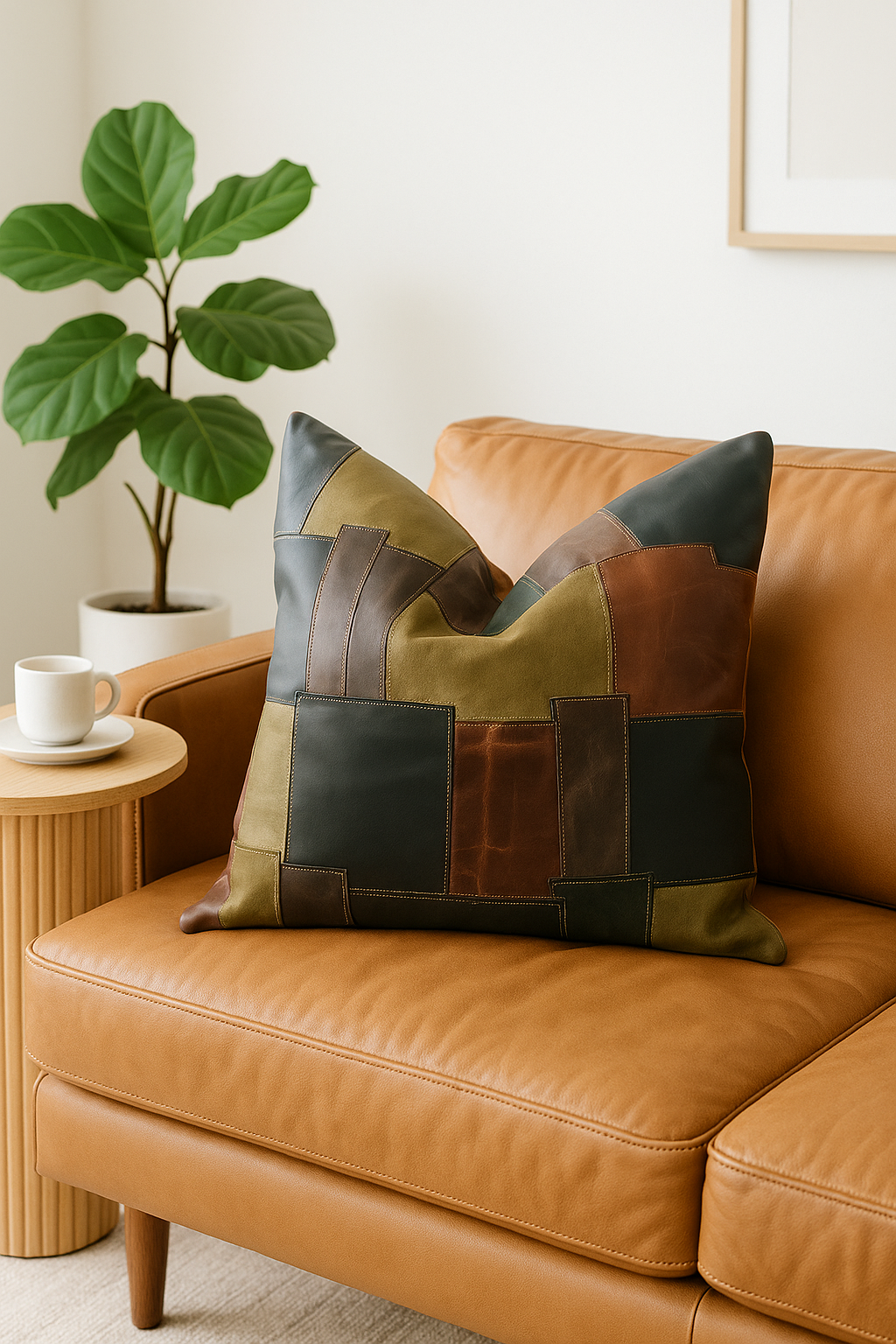 Rustic patchwork leather cushion cover featuring geometric square design – handmade 60x60 cm home décor