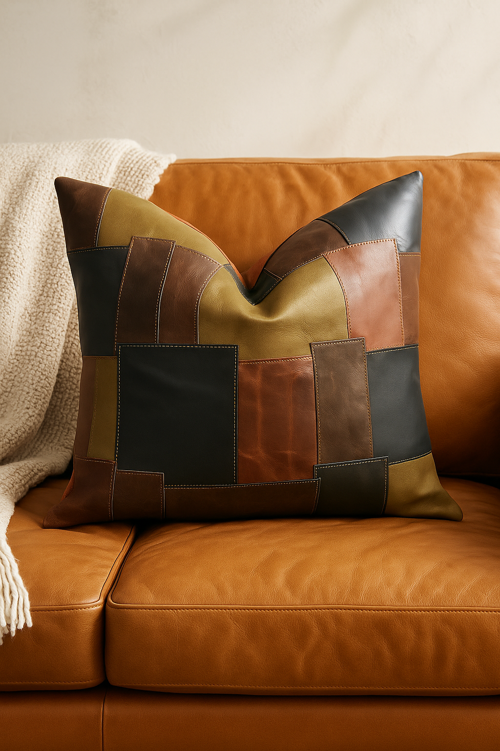 Glam Thread Life of Squares cushion cover – genuine leather patchwork pillow for modern interiors