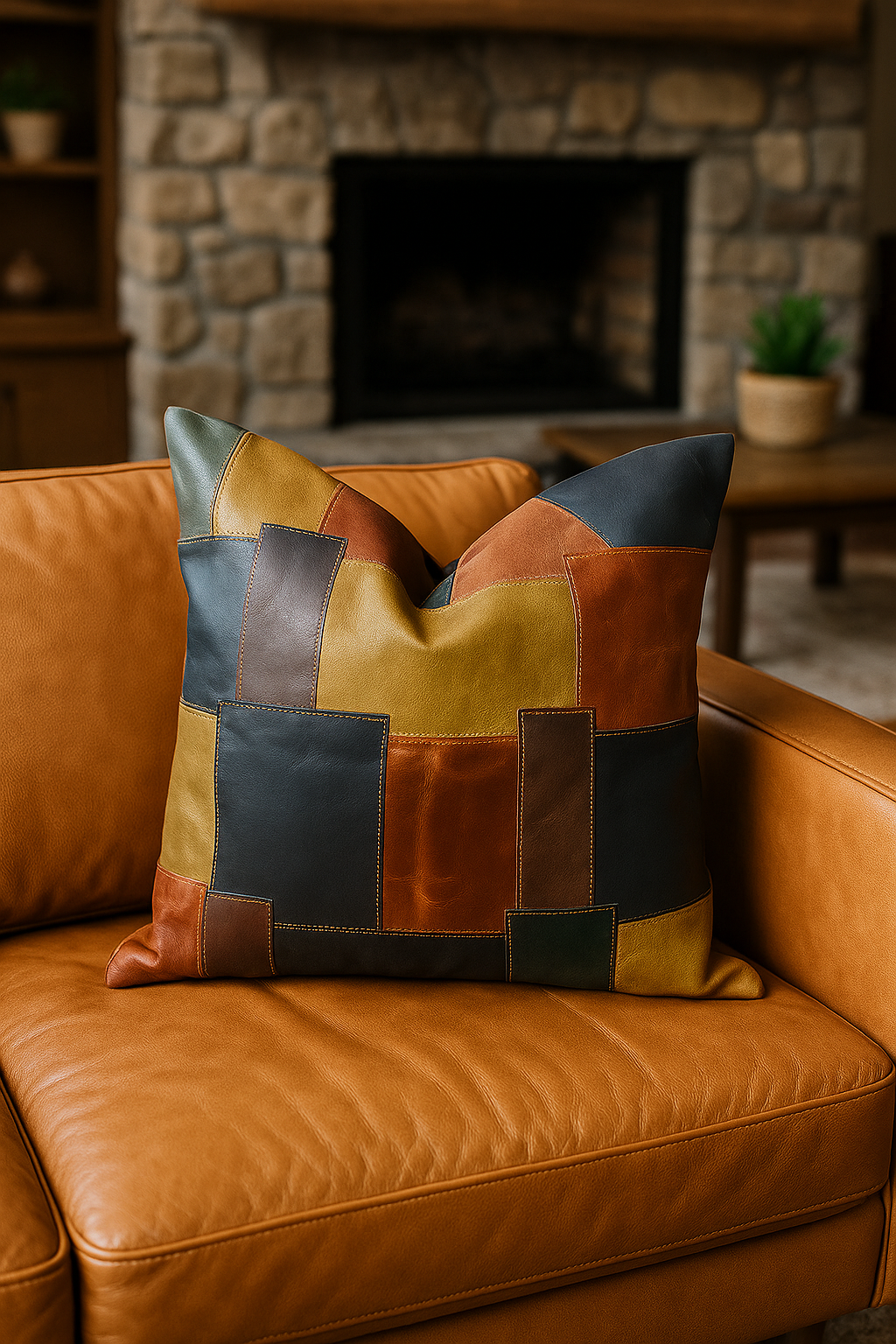 Handcrafted patchwork leather cushion cover in brown tones – Life of Squares design by Glam Thread