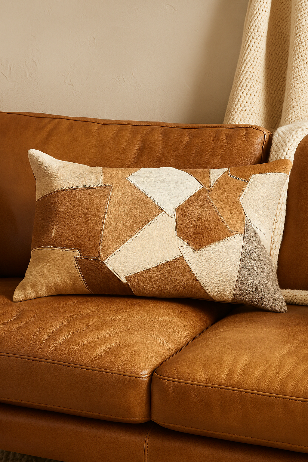 Natural Tan Cowhide Leather Lumbar Cushion Cover on Sofa