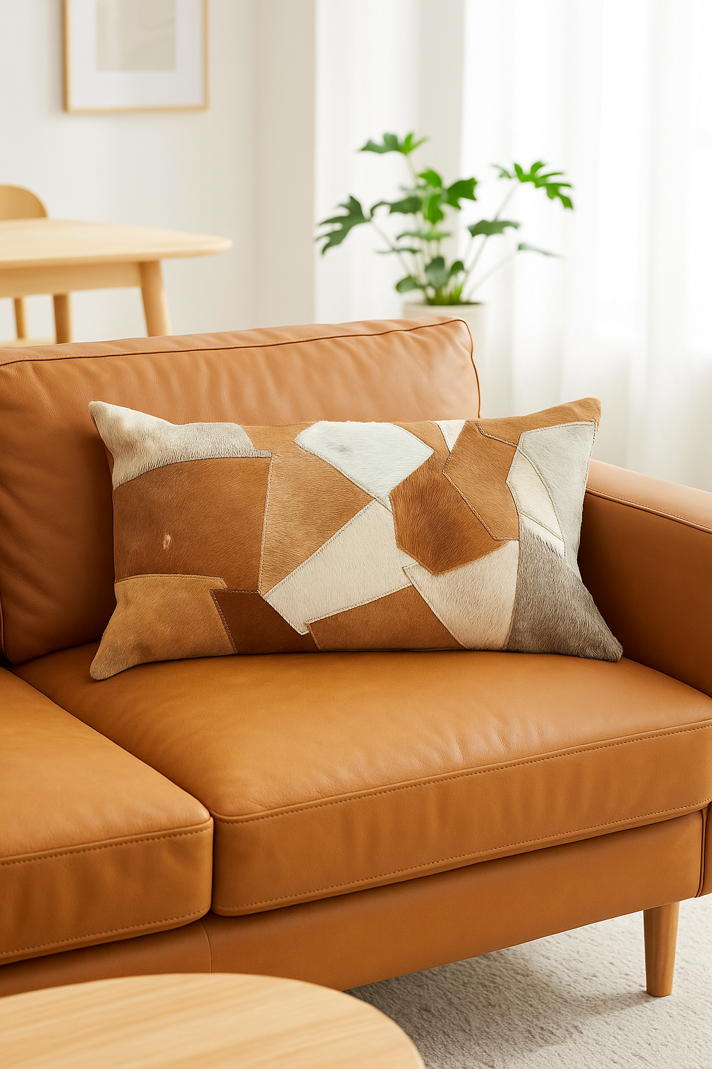 Soft Natural Tan Cowhide Leather Lumbar Cushion for Home Decor