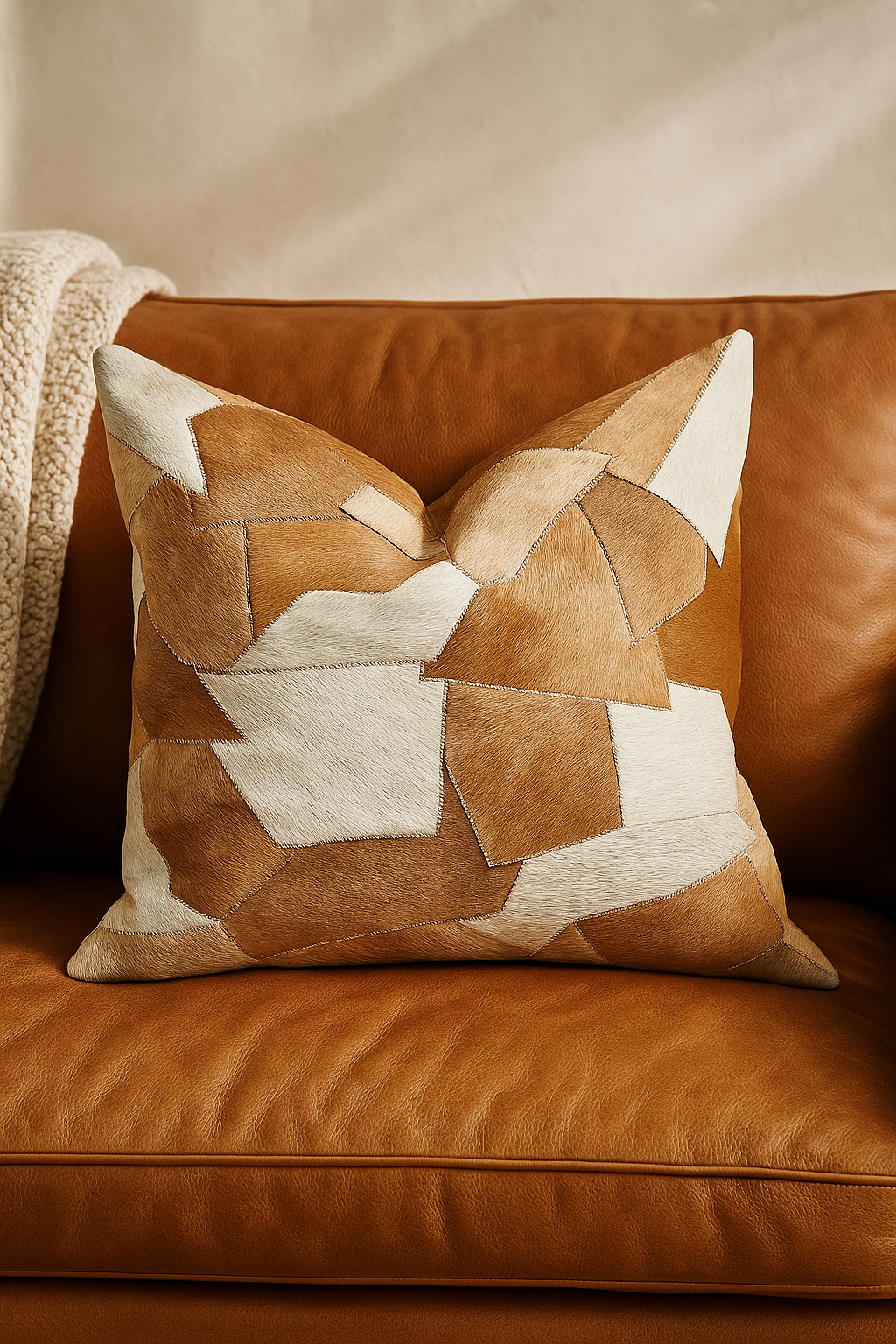Sahara patchwork cowhide leather cushion cover in tan and cream tones on caramel leather sofa - Glam Thread