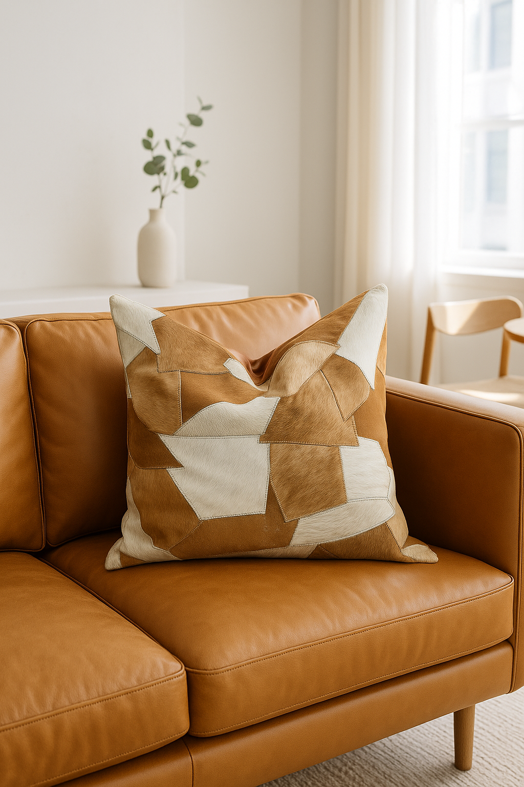 Luxury Sahara cowhide cushion cover featuring genuine leather patchwork and earthy neutral tones - Glam Thread