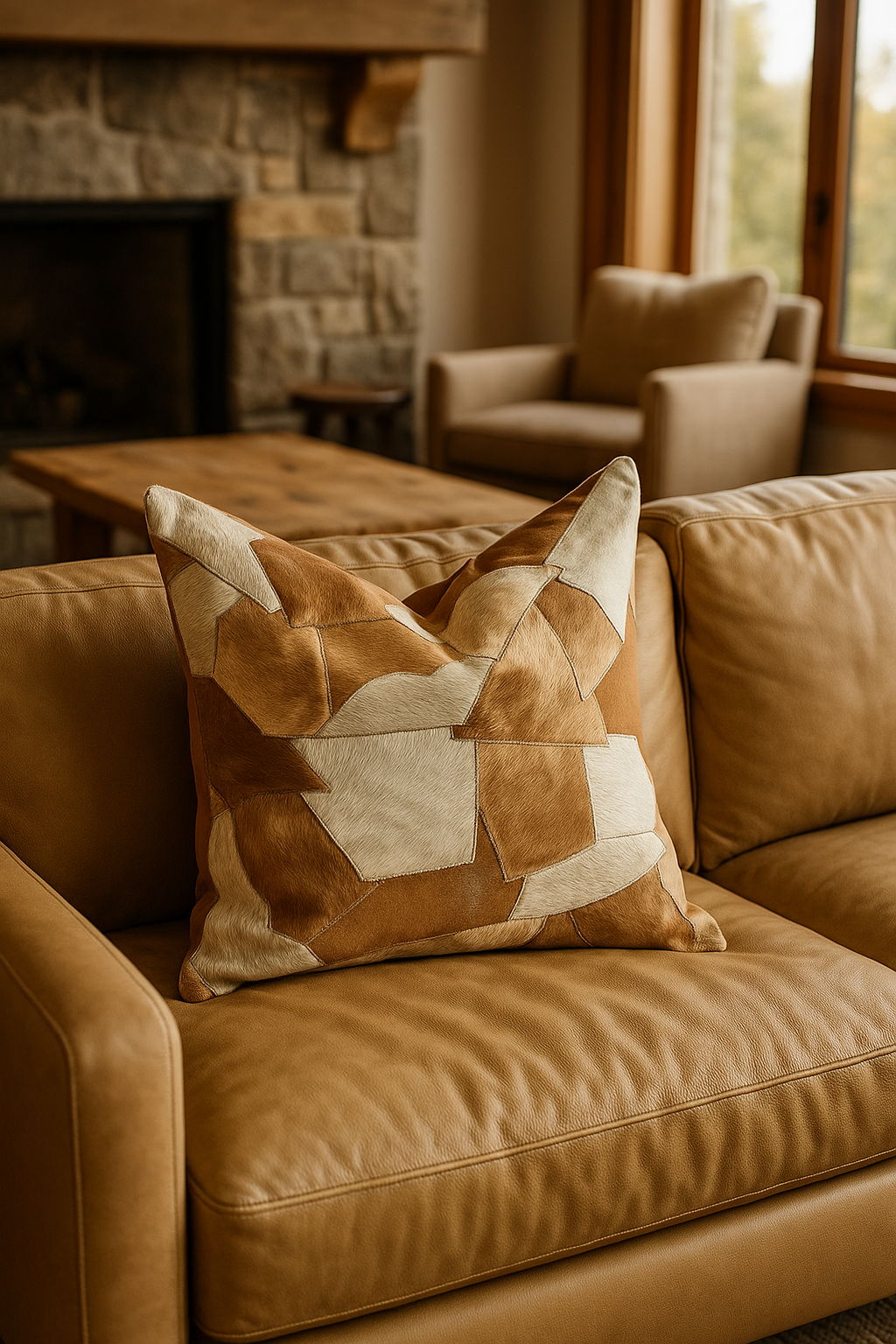 Handcrafted cowhide leather cushion styled with natural light and rustic boho interior decor