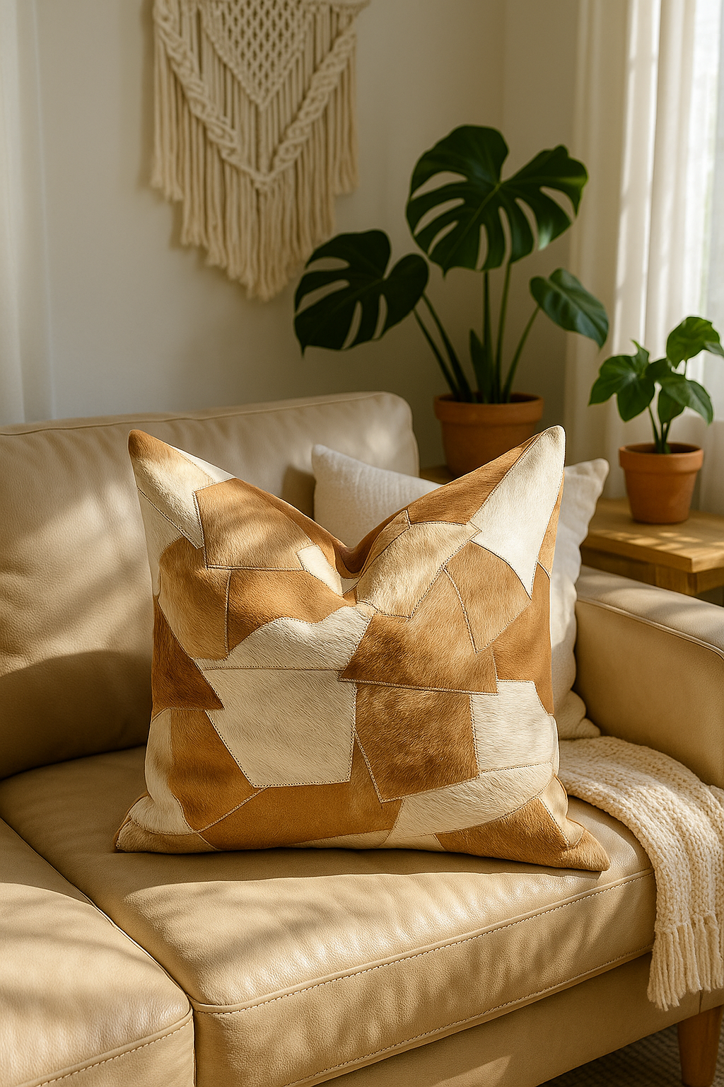 60x60cm handcrafted cowhide cushion with patchwork leather design in warm, modern living room