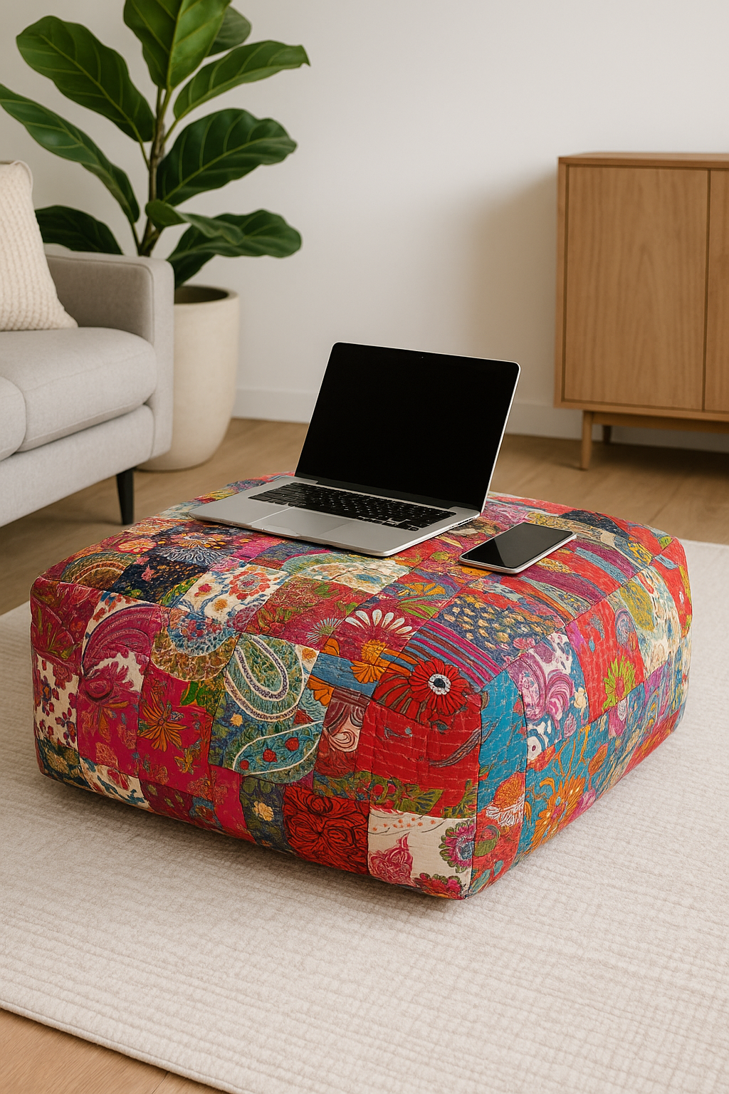 Handmade multicolour patchwork Kantha ottoman cushion cover
