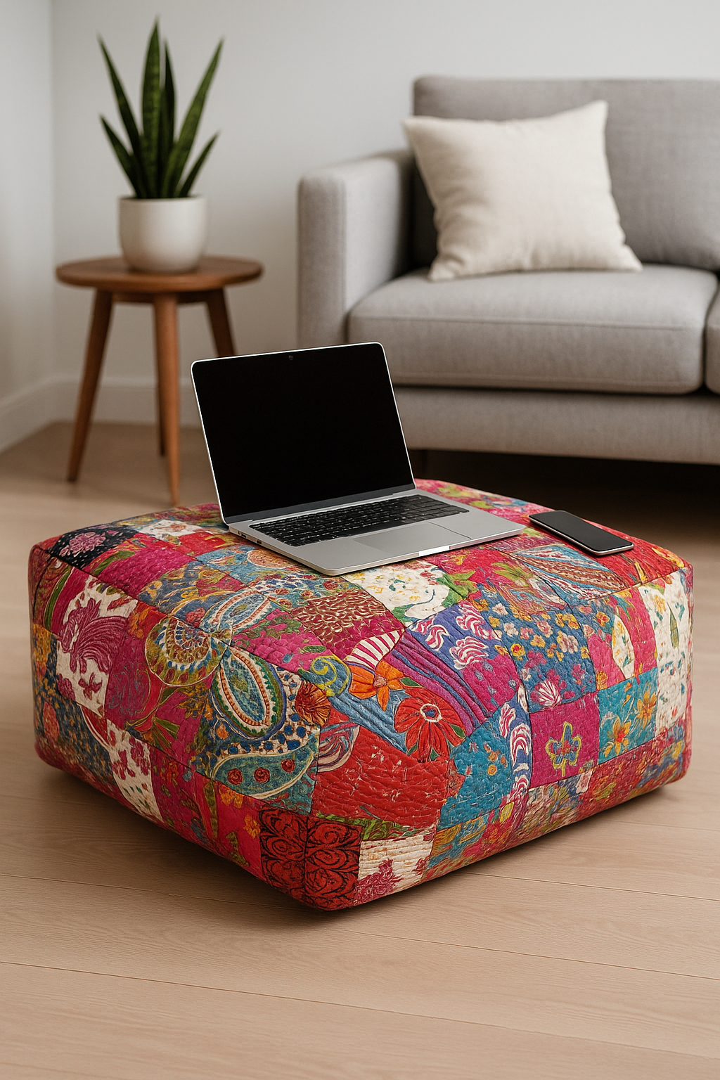 Boho-style Kantha cushion cover with vibrant patchwork design